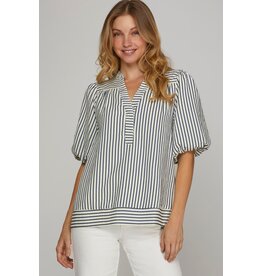 She + Sky Bubble Sleeve Striped Woven Top