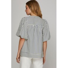 She + Sky She + Sky Bubble Sleeve Striped Woven Top