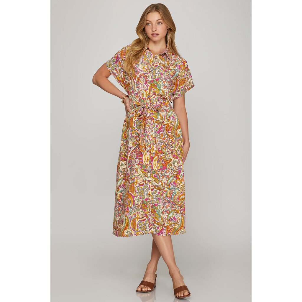 She + Sky She + Sky Drop Shoulder Button Down Midi Dress