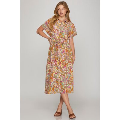 She + Sky Drop Shoulder Button Down Midi Dress