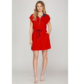 She + Sky Collared Mini Dress with Drawstring Waist