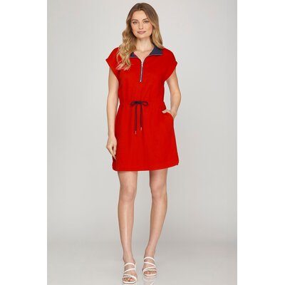 She + Sky Collared Mini Dress with Drawstring Waist