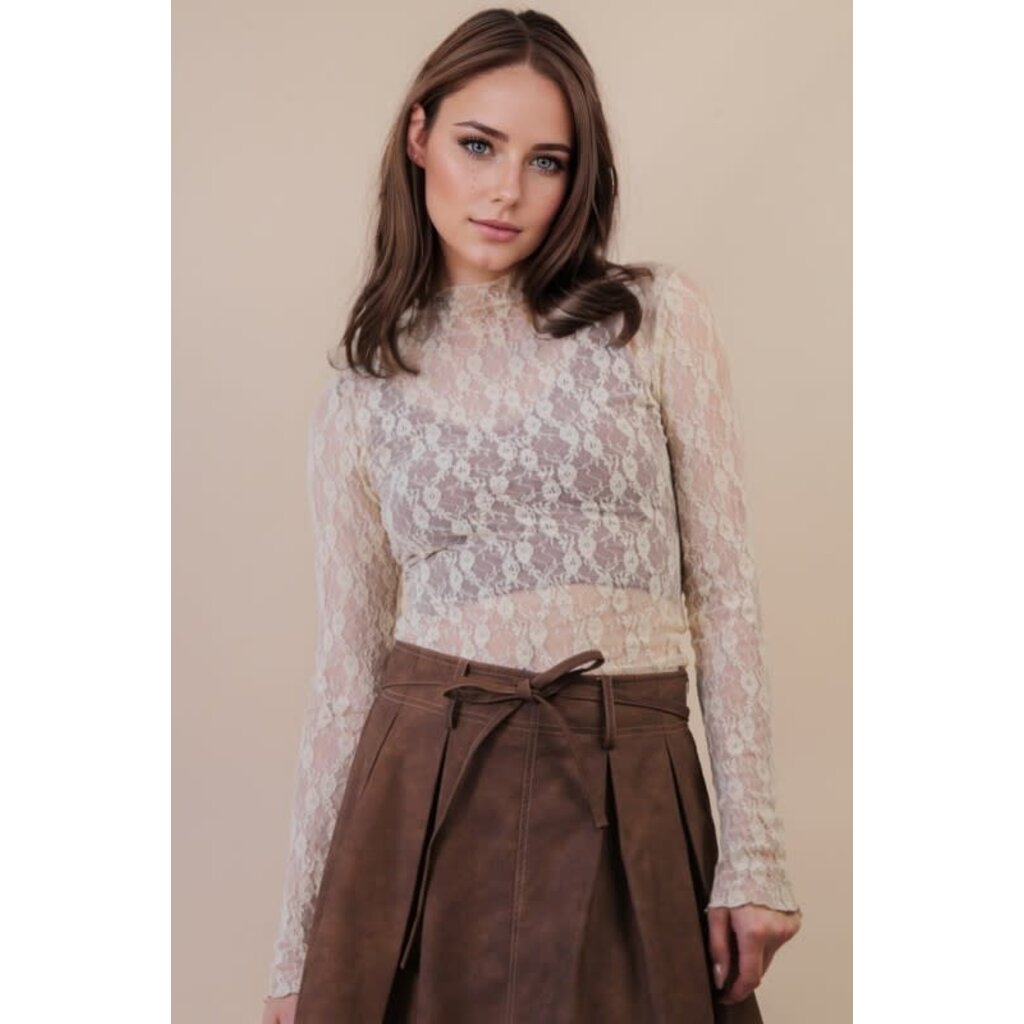 Very J Very J High Neck Fitted Sheer Mesh Lace Knit Top