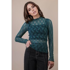 Very J Very J High Neck Fitted Sheer Mesh Lace Knit Top