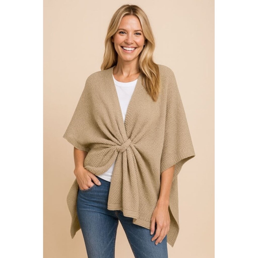 Wona Wona Front Tie Textured Knit Wrap Shawl Poncho