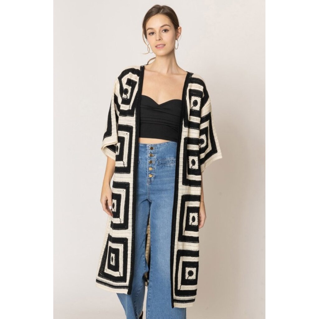 Wona Wona Geometric Square Pattern Crochet Long Cardigan