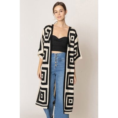 Wona Geometric Square Pattern Crochet Long Cardigan