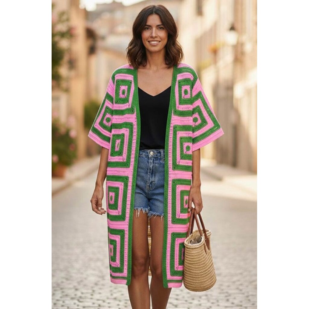 Wona Wona Geometric Square Pattern Crochet Long Cardigan