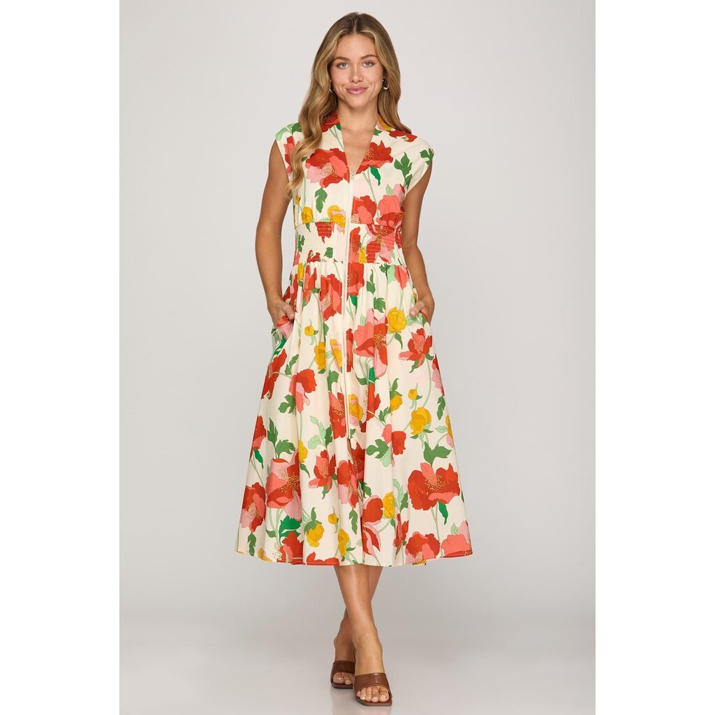 She + Sky She + Sky Smocked Waist Front Zip Floral Midi Dress