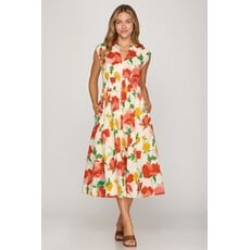 She + Sky She + Sky Smocked Waist Front Zip Floral Midi Dress