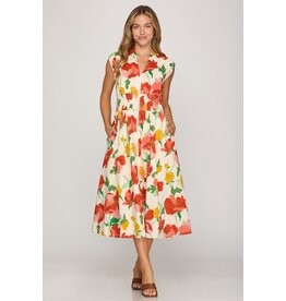 She + Sky Smocked Waist Front Zip Floral Midi Dress