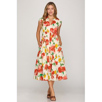 She + Sky Smocked Waist Front Zip Floral Midi Dress