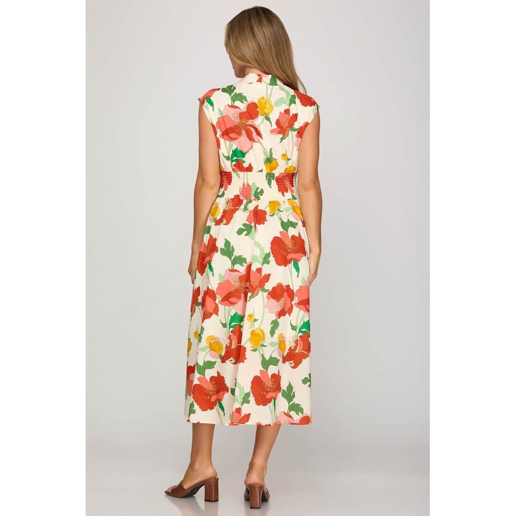She + Sky She + Sky Smocked Waist Front Zip Floral Midi Dress