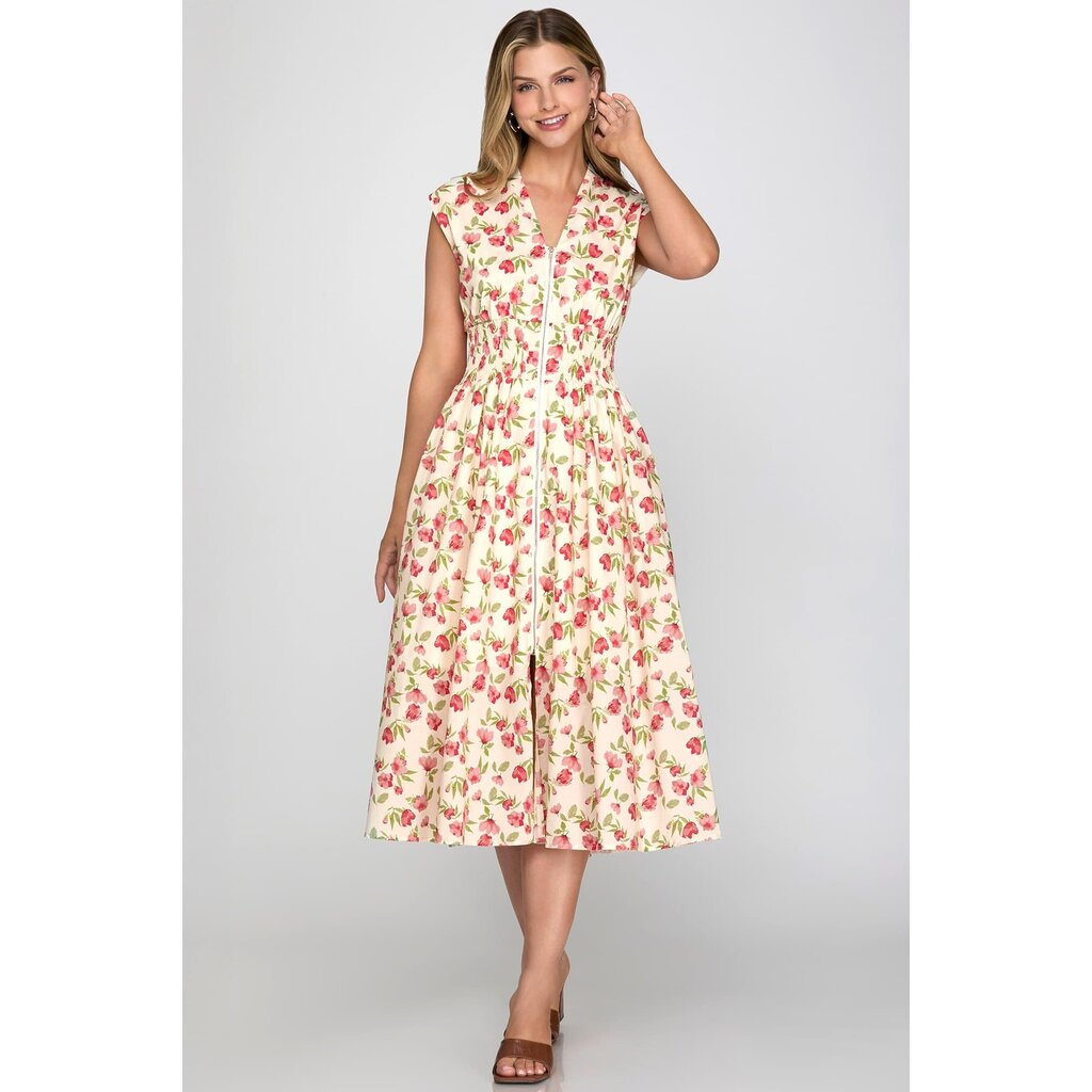 She + Sky She + Sky Front Zip Printed Midi Dress