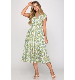 She + Sky Smocked Waist Front Zip Printed Midi Dress