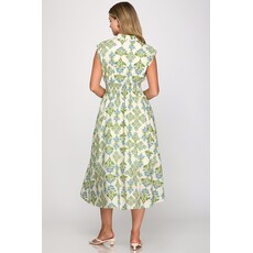 She + Sky She + Sky Smocked Waist Front Zip Printed Midi Dress