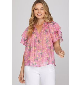 She + Sky Short Ruffled Sleeve Print Top