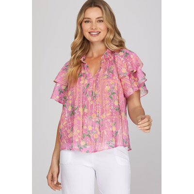 She + Sky Short Ruffled Sleeve Print Top