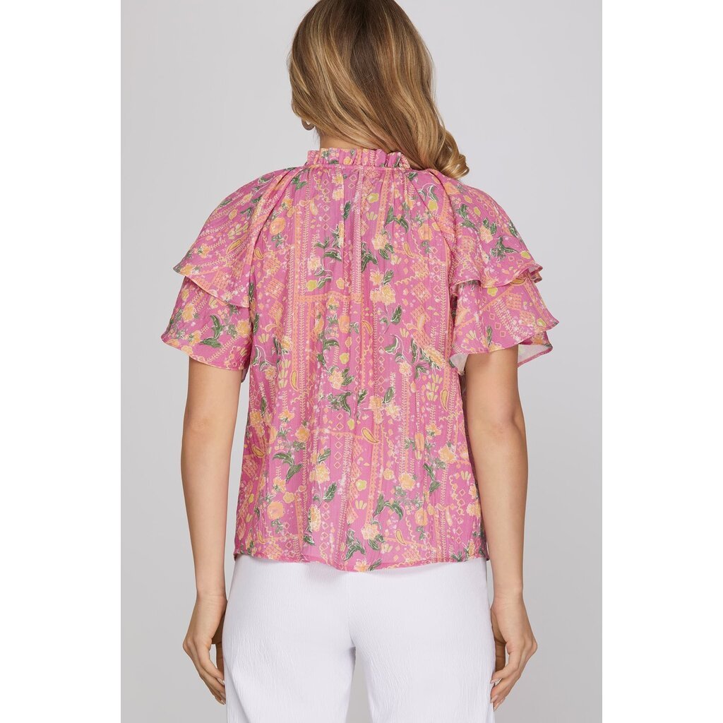 She + Sky She + Sky Short Ruffled Sleeve Print Top