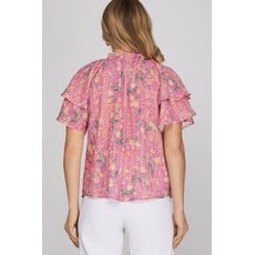 She + Sky She + Sky Short Ruffled Sleeve Print Top