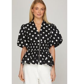She + Sky Puff Sleeve Polka Dot Top