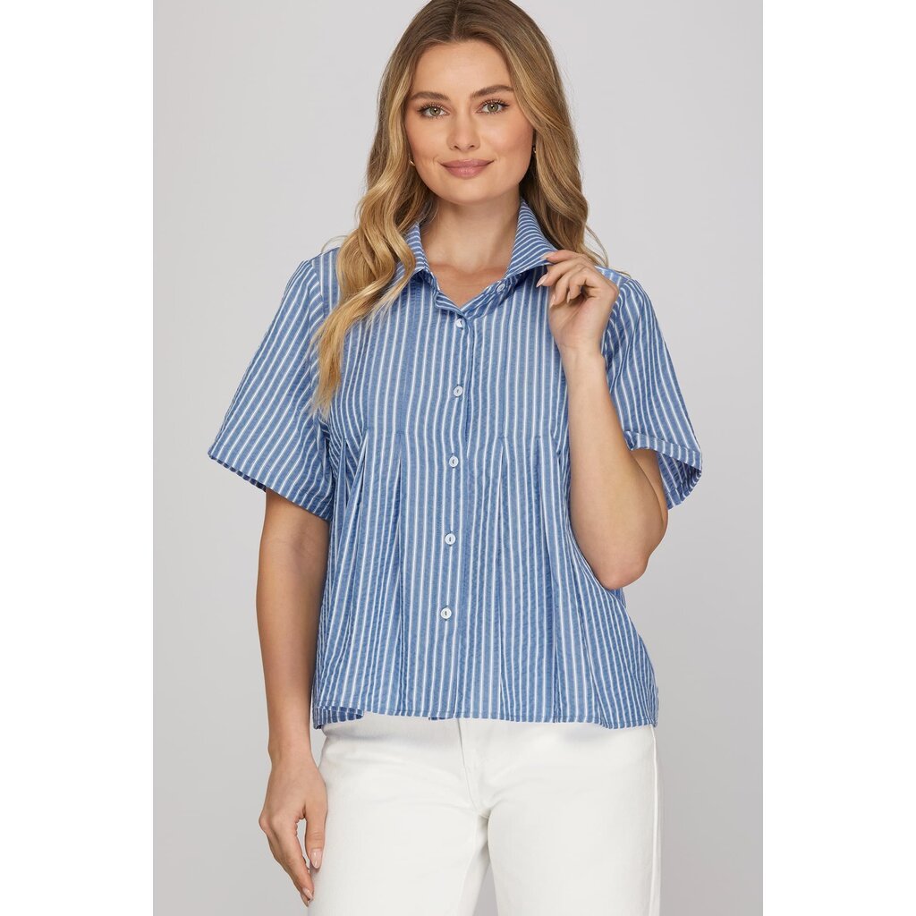 She + Sky She + Sky Short Sleeve Woven Striped Shirt