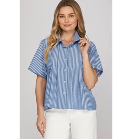 She + Sky Short Sleeve Woven Striped Shirt