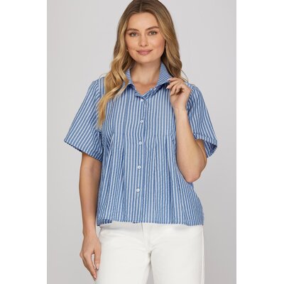 She + Sky Short Sleeve Woven Striped Shirt