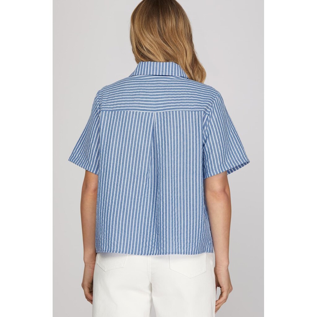 She + Sky She + Sky Short Sleeve Woven Striped Shirt