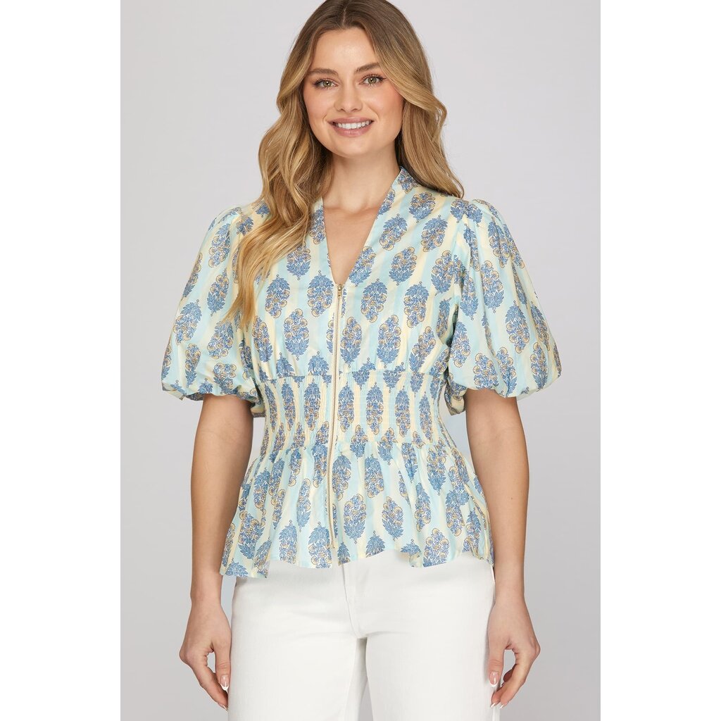 She + Sky She + Sky Puff Sleeve Woven Print Top