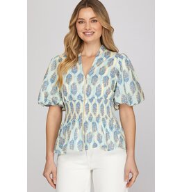 She + Sky Puff Sleeve Woven Print Top