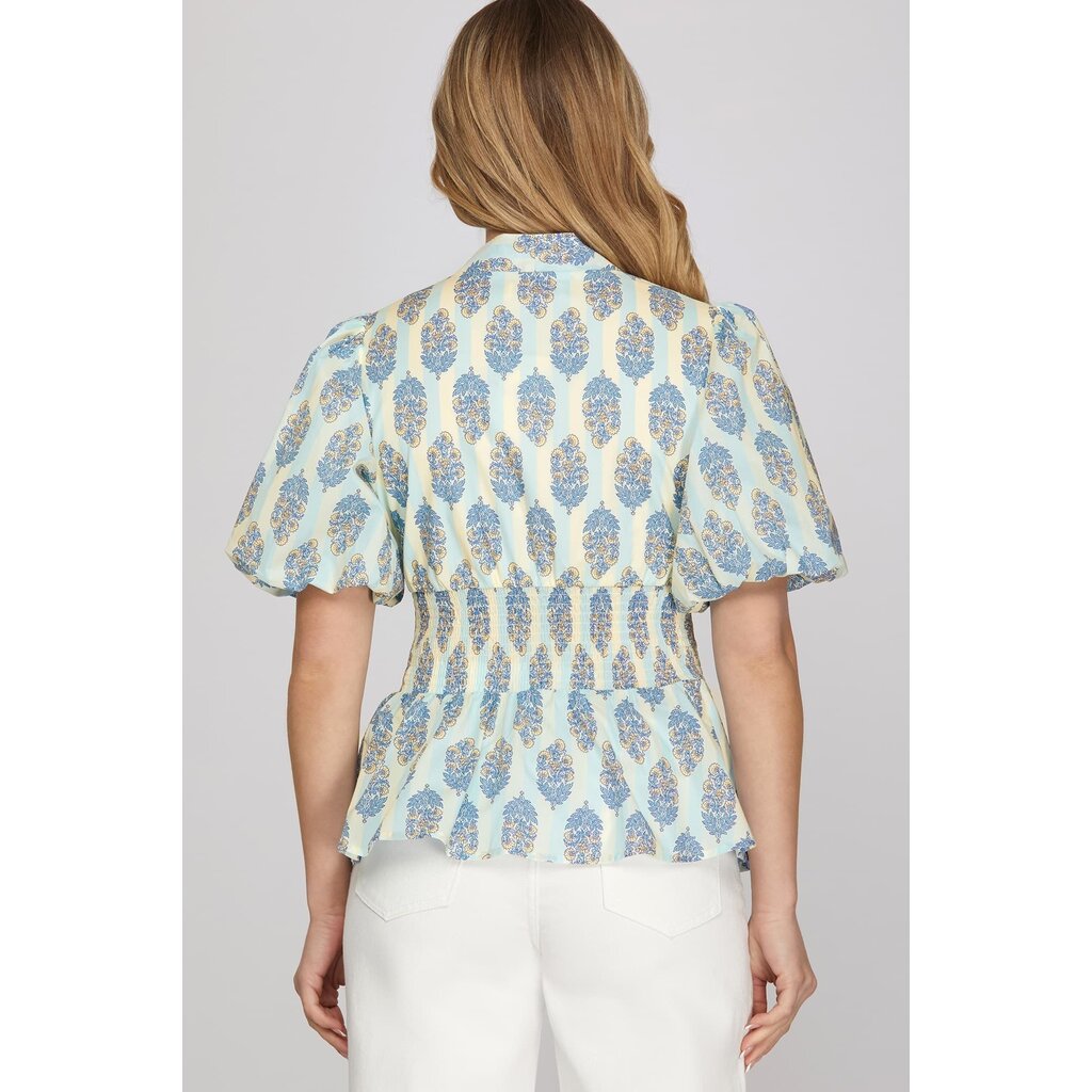 She + Sky She + Sky Puff Sleeve Woven Print Top