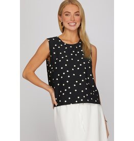 She + Sky Sleeveless Woven Polka Dot Print Top
