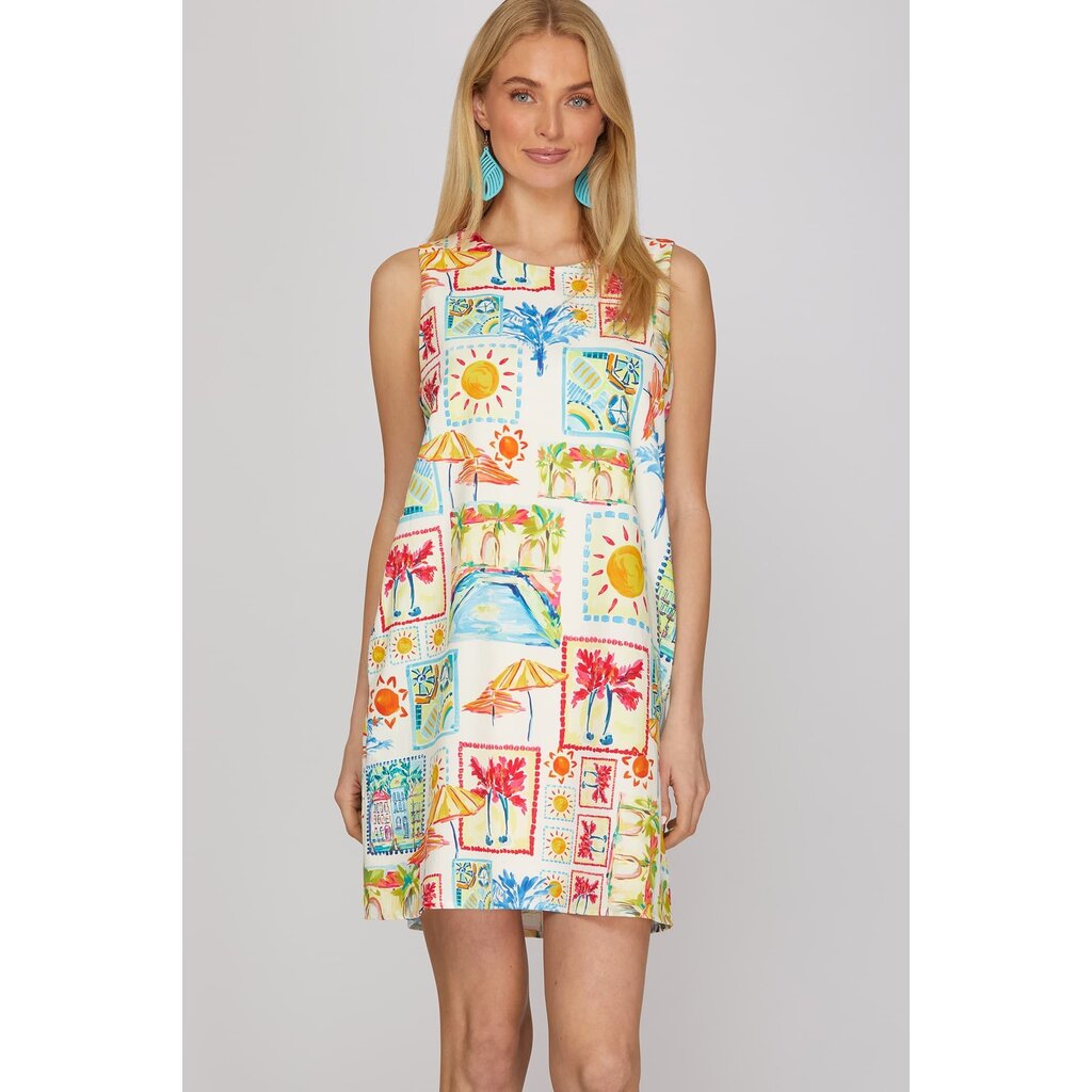 She + Sky She + Sky Sleeveless Woven Print Mini Dress