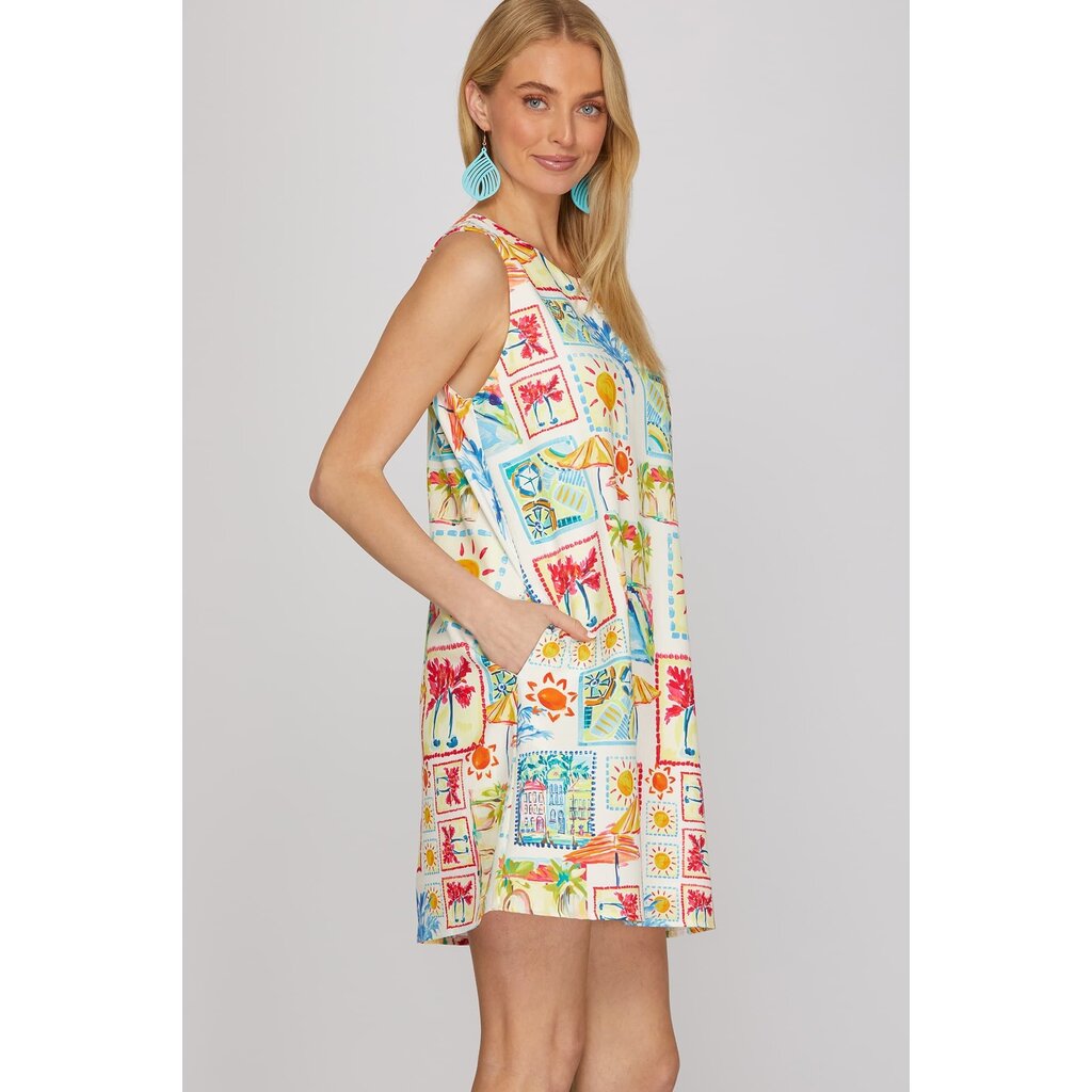 She + Sky She + Sky Sleeveless Woven Print Mini Dress