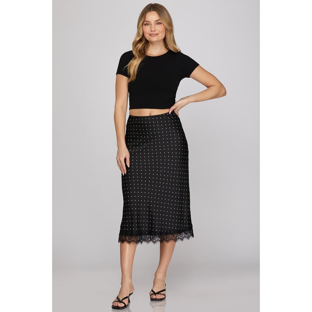 She + Sky She + Sky Lace Hem Polka Dot Print Midi Skirt