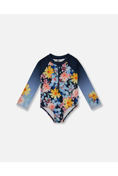 Rashguard à manches longues une pièce - FLEURS INDIGO