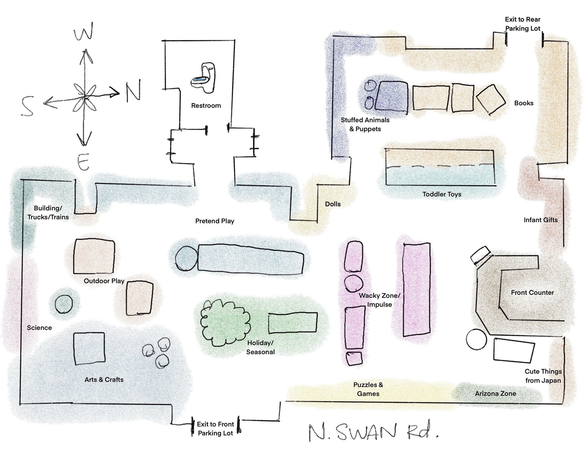 A hand drawn map showing the locations of different toys inside the store. The walls, shelves, entrances, and public restroom are shown using black lines, and hazy colors denote where items described in black text generally are located.