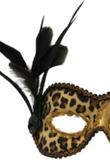 MASK-CHITA, GOLD W/ LEOPARD PRINT, SIDE FEATHERS & JEWEL