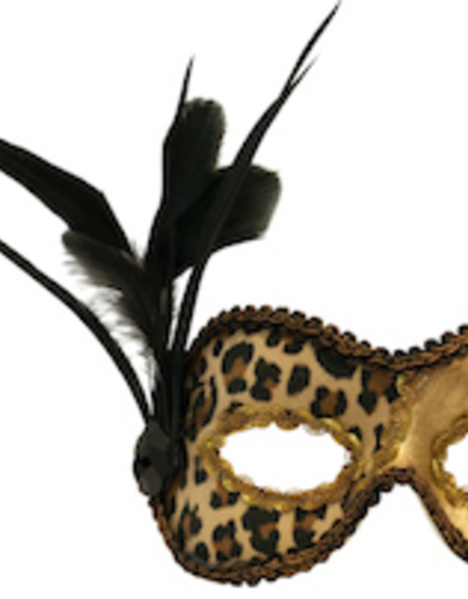 MASK-CHITA, GOLD W/ LEOPARD PRINT, SIDE FEATHERS & JEWEL