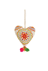 ORNAMENT-FELT-HEART EMBROIDERED 4"  W/ POM