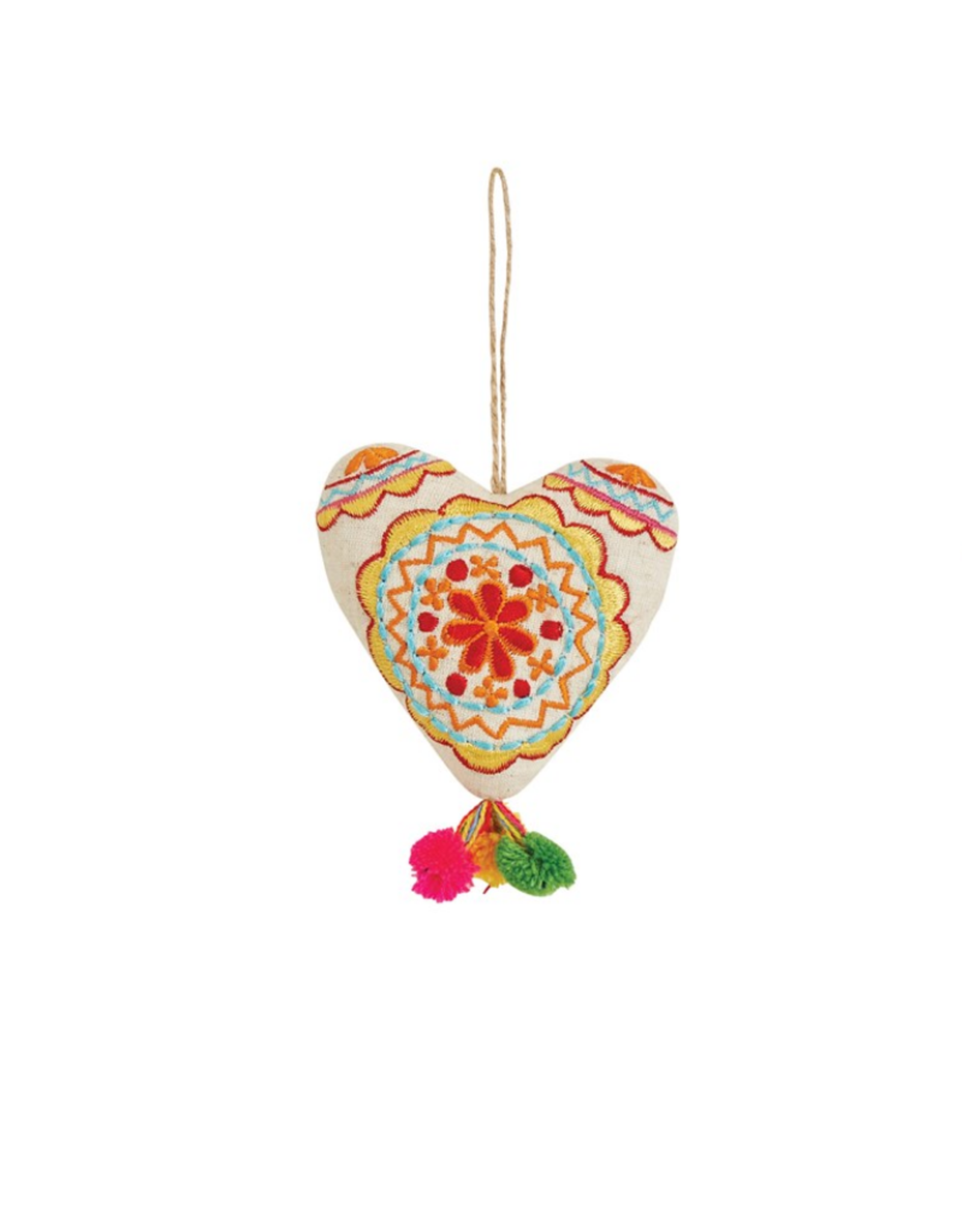 ORNAMENT-FELT-HEART EMBROIDERED 4"  W/ POM