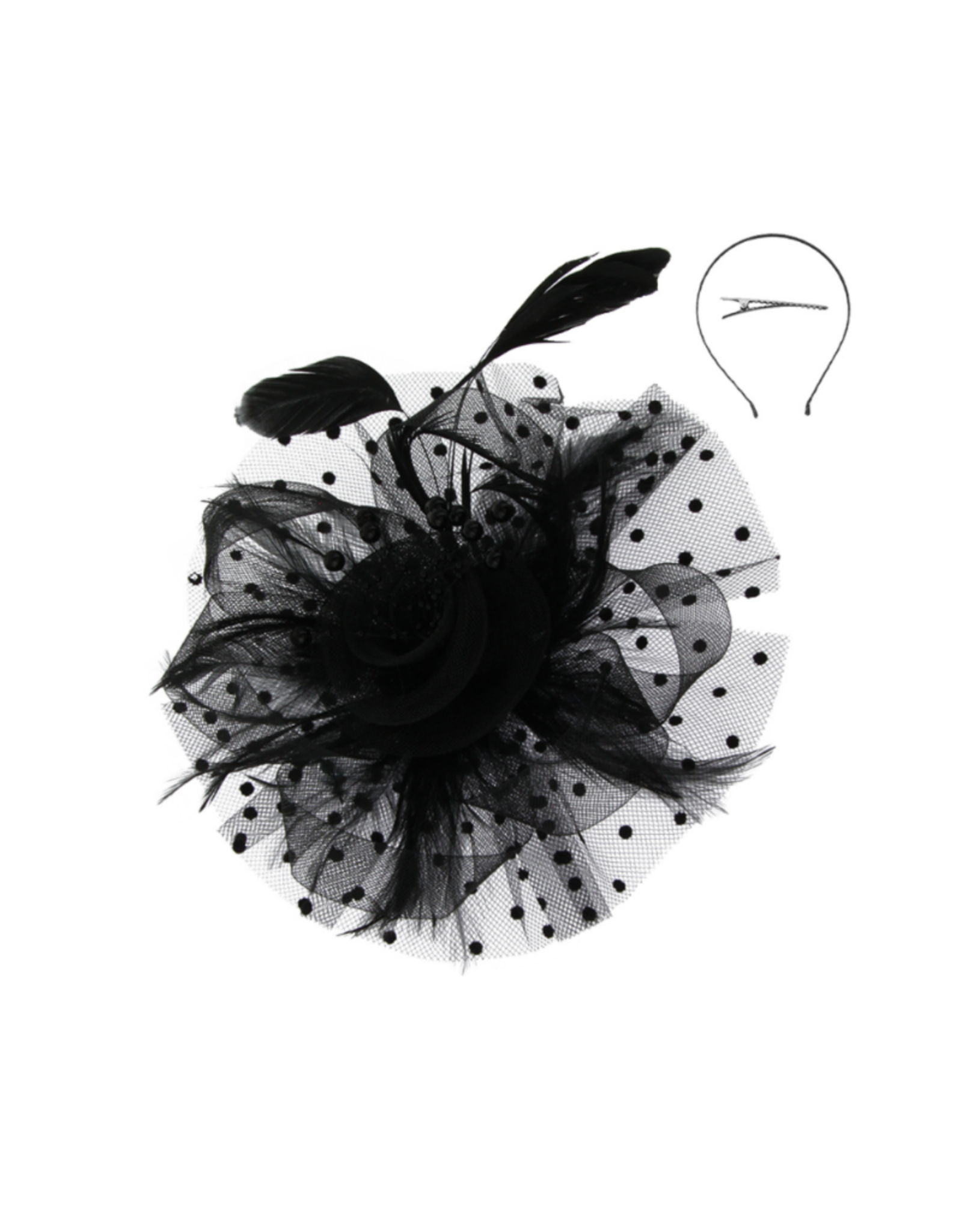 FASCINATOR-FLORAL FEATHER W/DOTTED VEIL