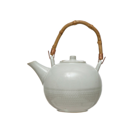 TEAPOT-TEXTURE W/BAMBOO HANDLE W/METAL STRAINER WHT