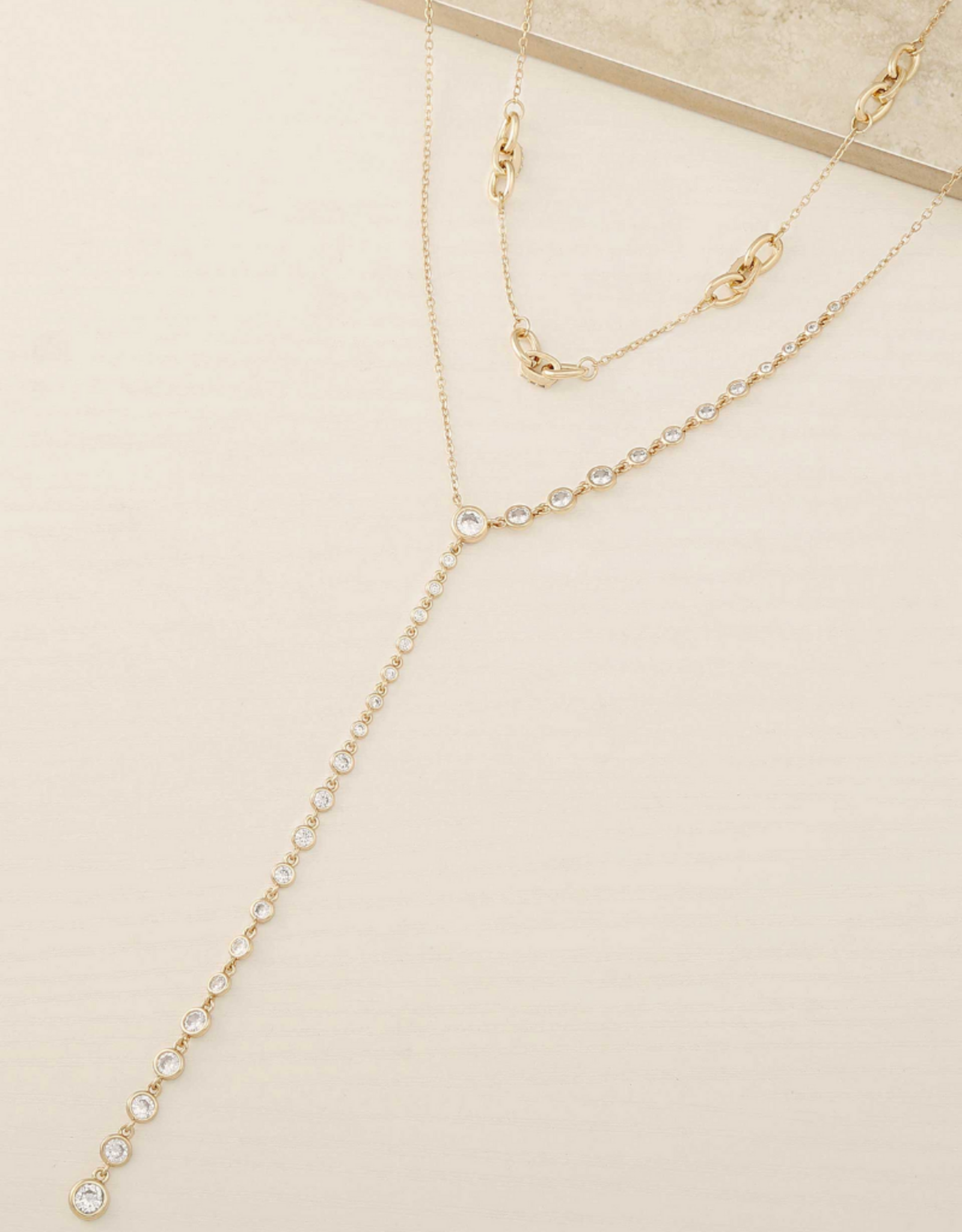 NECKLACE-LAYERED-LARIAT W/CRYSTALS GOLD