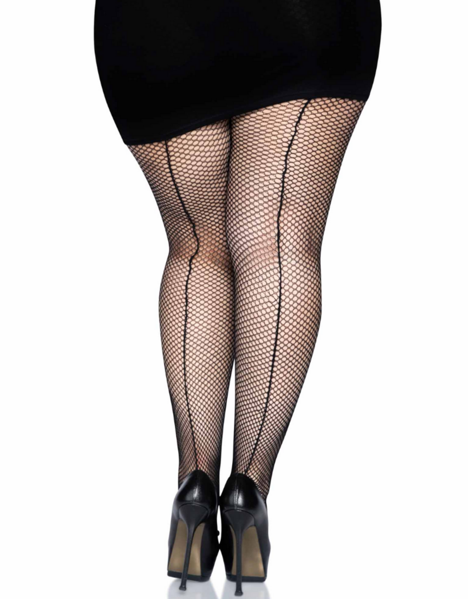 PANTYHOSE-FISHNET W/BACKSEAM, BLACK, PLUS SIZE