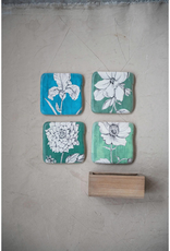 COASTERS-FLORAL PRINT GRN- RESIN W/BOX SET OF 5