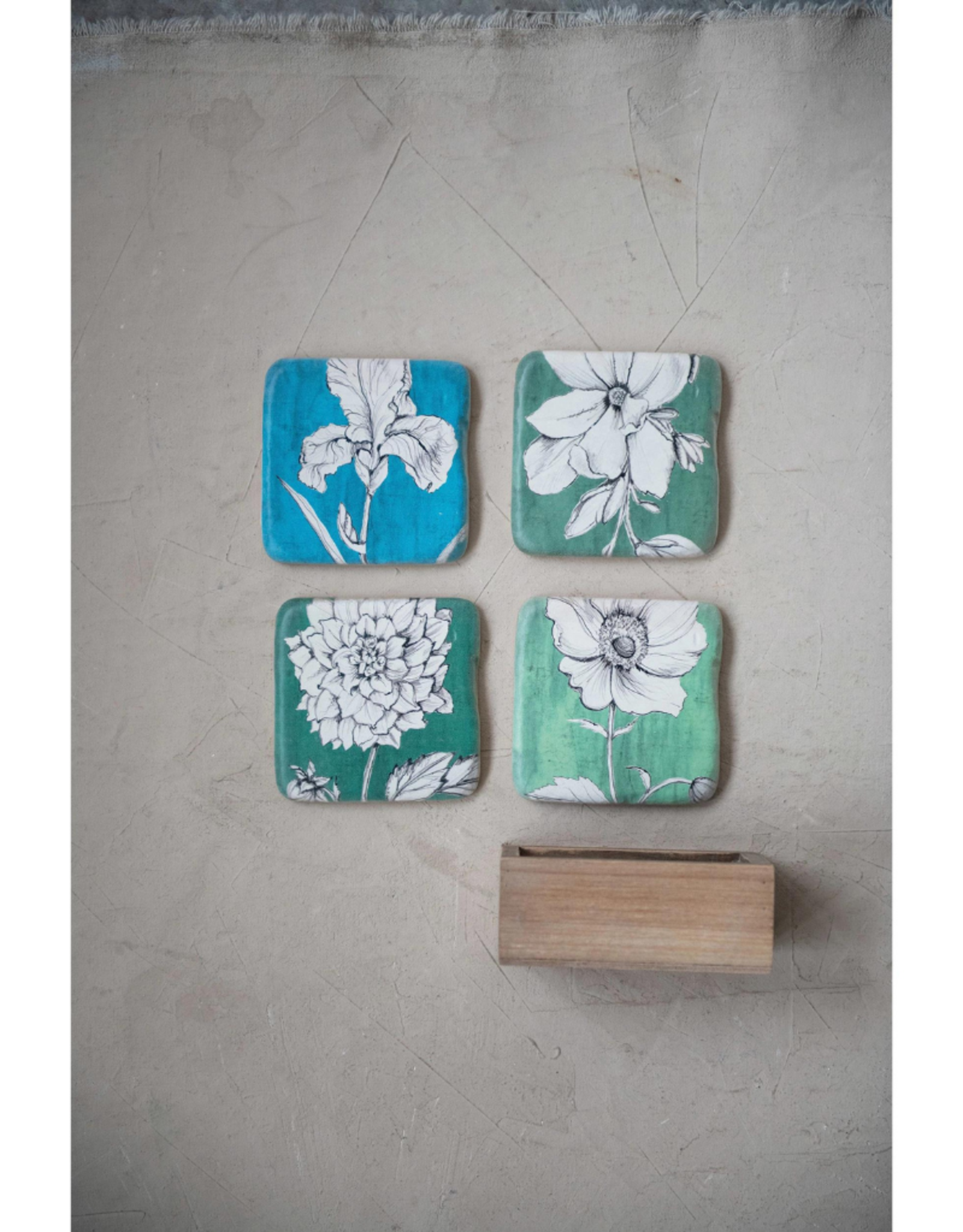 COASTERS-FLORAL PRINT GRN- RESIN W/BOX SET OF 5