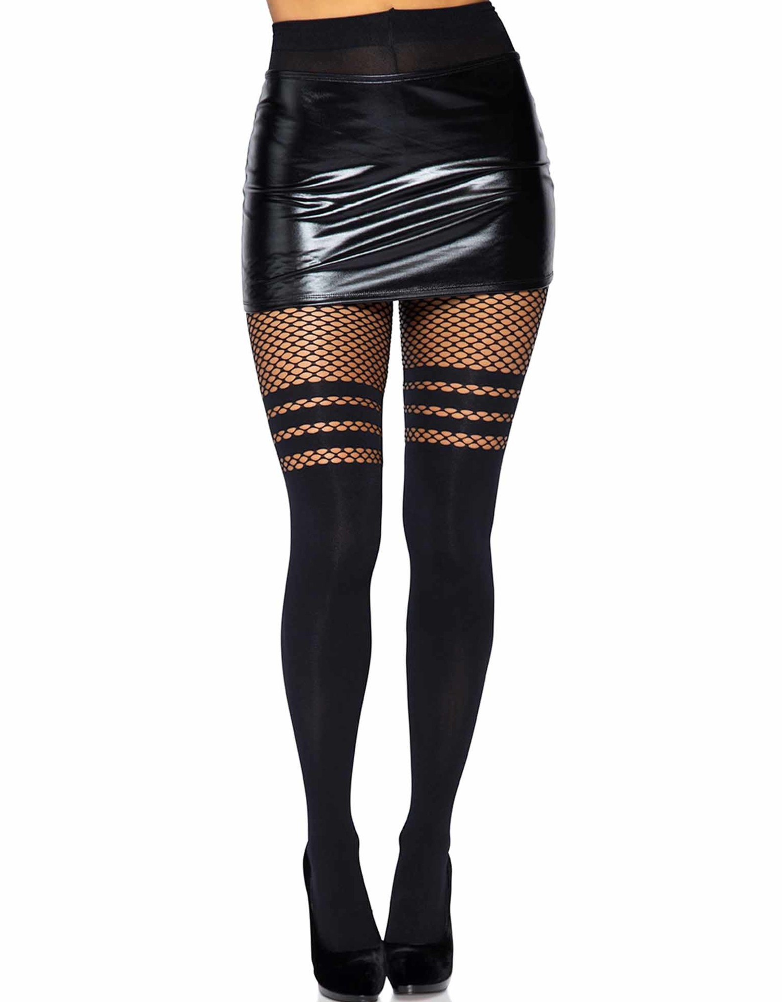 PANTYHOSE-FISHNET STRIPED THIGH HI BLK