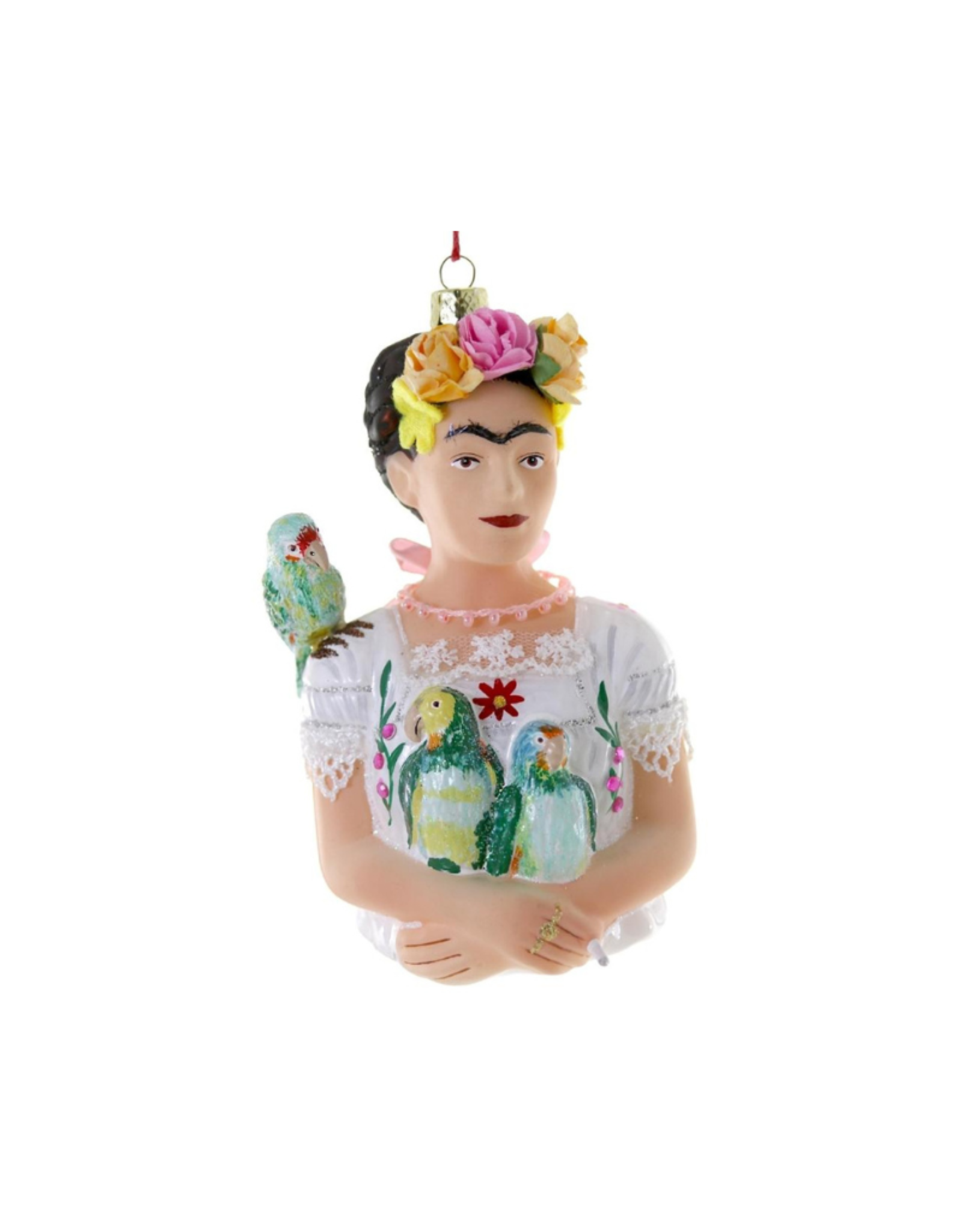 Cody Foster ORNAMENT-GLASS-FRIDA KAHLO W/PARROTS